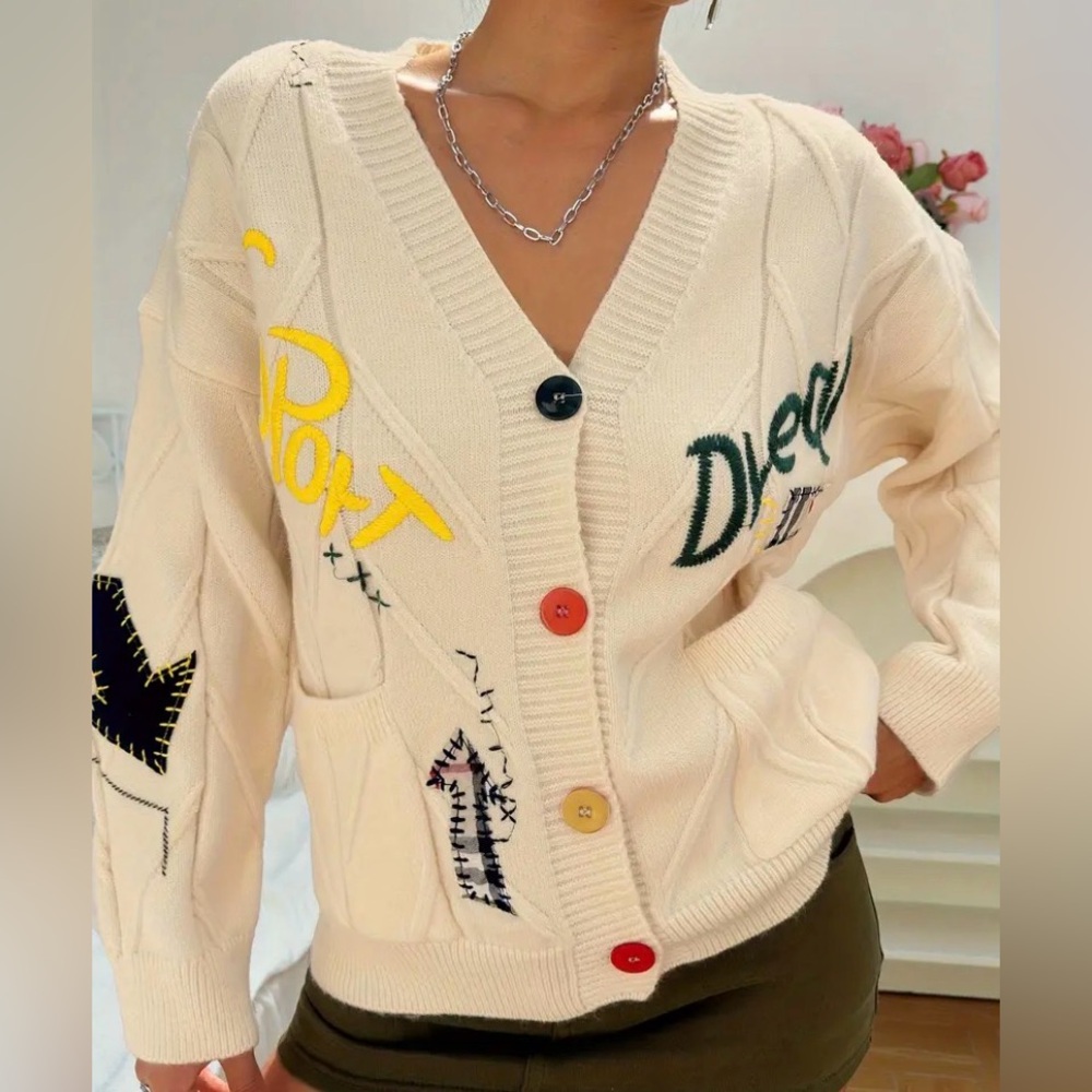 Ebossy Embroidered Multicolor Button-Up Loose Knitted Cardigan Sweater Jacket